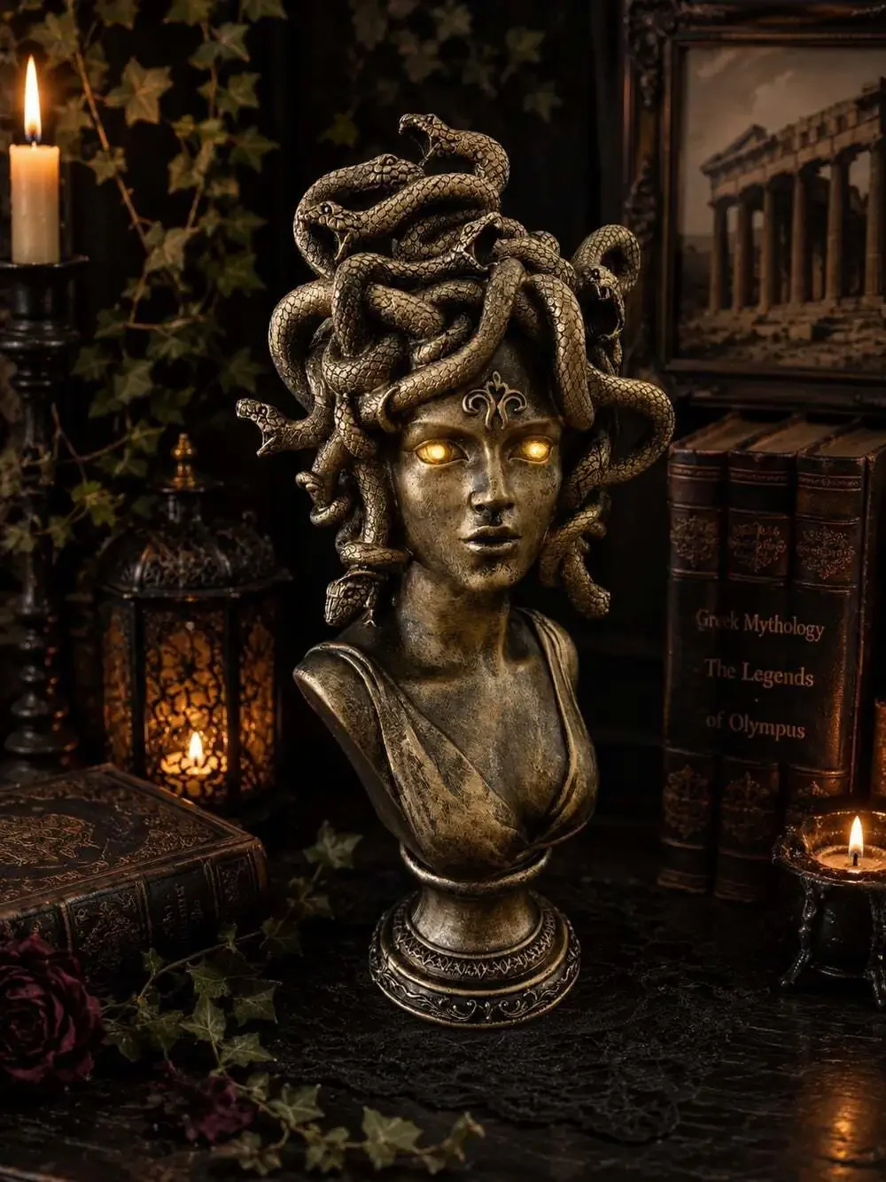 New Medussa Bronze Finish Light Up Eyes Spooky Statue Halloween Figurine Decor